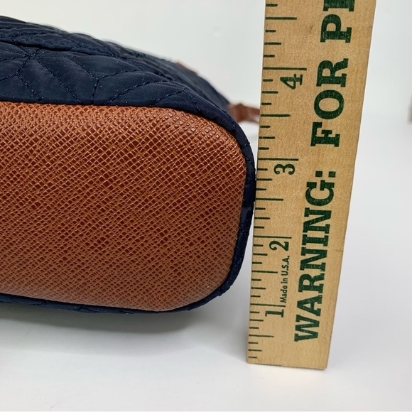 Navy Quilted Fabric Crossbody with Cognac Adjustable Strap Gold Accents Top Zip - Picture 14 of 16